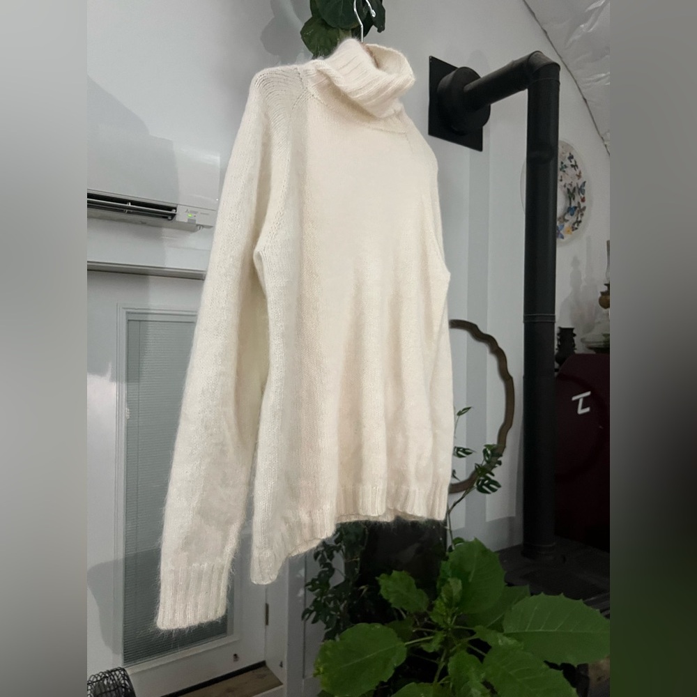 Cozy Cream Mohair and Angora Turtleneck Sweater w/ extra long sleeves. Tall